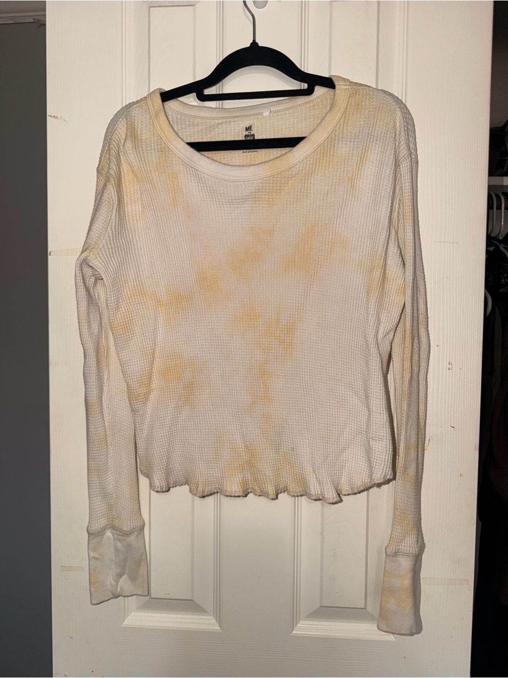 ME Makeover Essentials White Long-Sleeve Waffle Knit Top with Yellow Tie-Dye